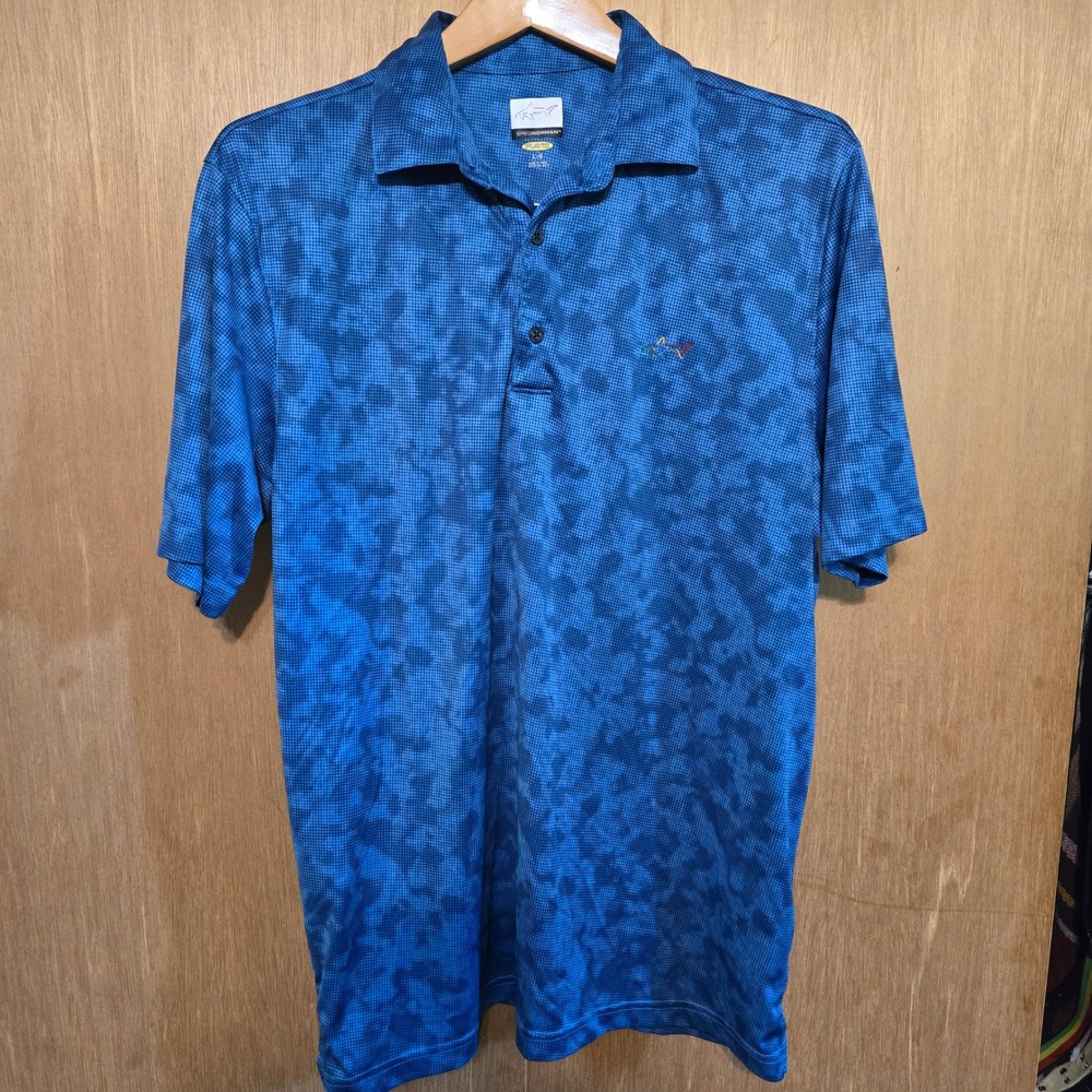 Greg Norman Polo L Shirt Mens Blue Camo Play Dry Performance Short Sleeve Golf
